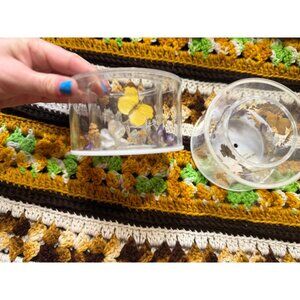 VTG 70s MCM Set of 2 Clear Lucite Round Candle Holders with Flowers, Butterflies